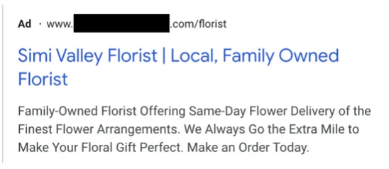 Google Ads search ad reading “Simi Valley Florist | Local, Family Owned Florist” with description text about same-day flower delivery